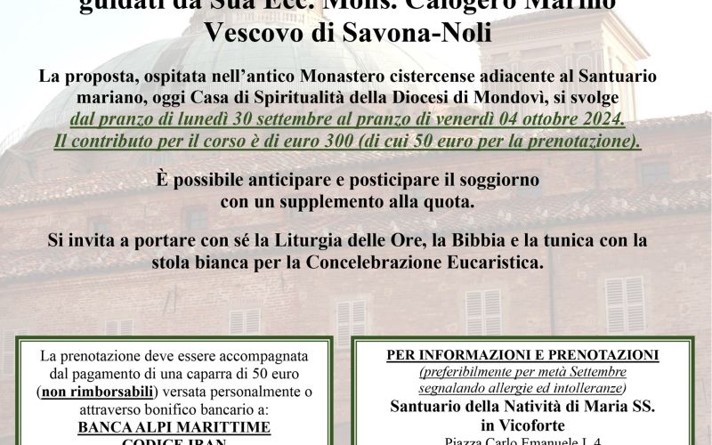ESERCIZI SPIRITUALI per sacerdoti, religiosi/e, diaconi, consacrati/e e ordinandi
